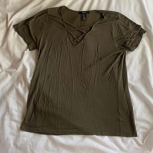 comfy t shirt with criss cross v neck